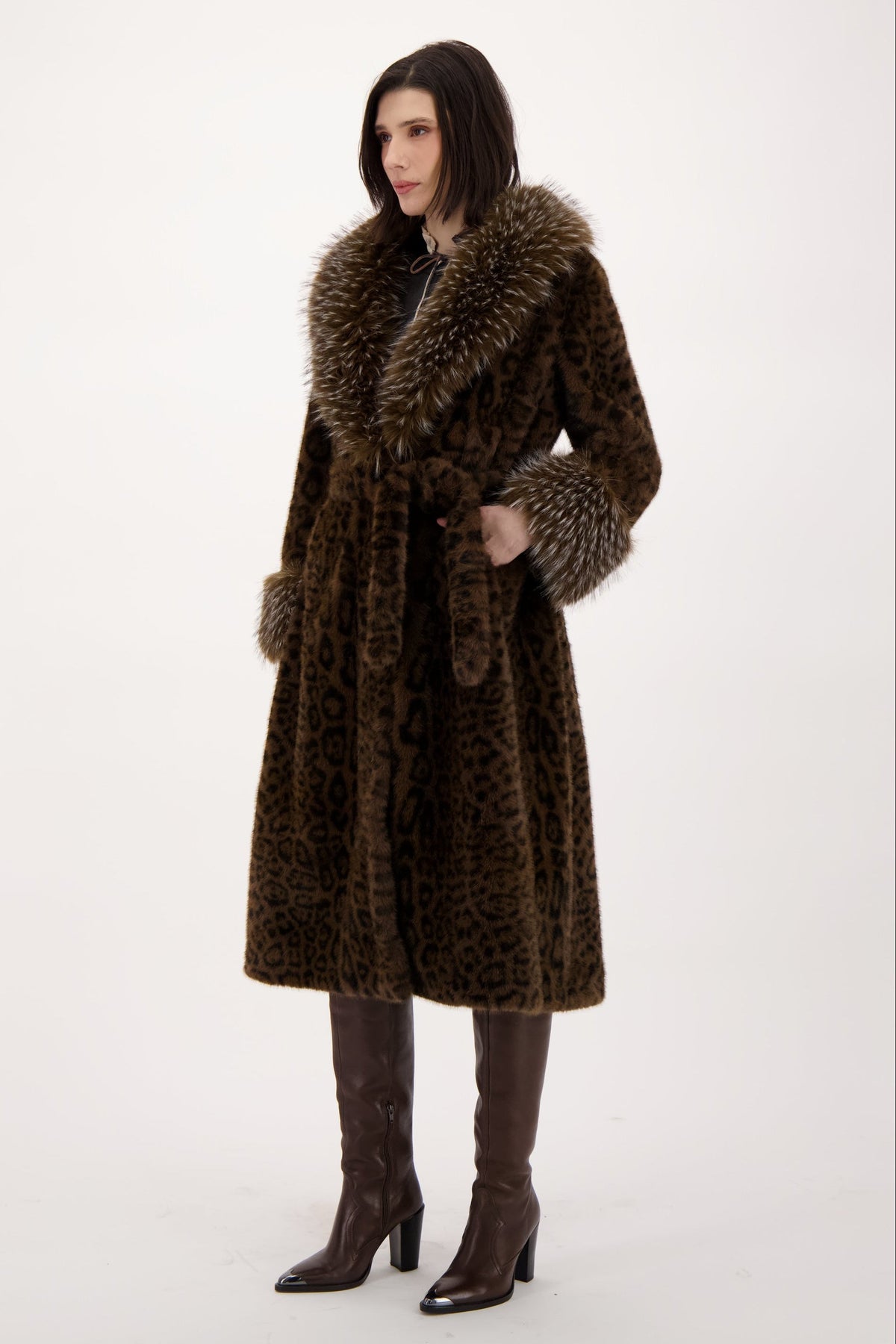 Faux Leopard Belted Coat With Mink Collar And Cuff