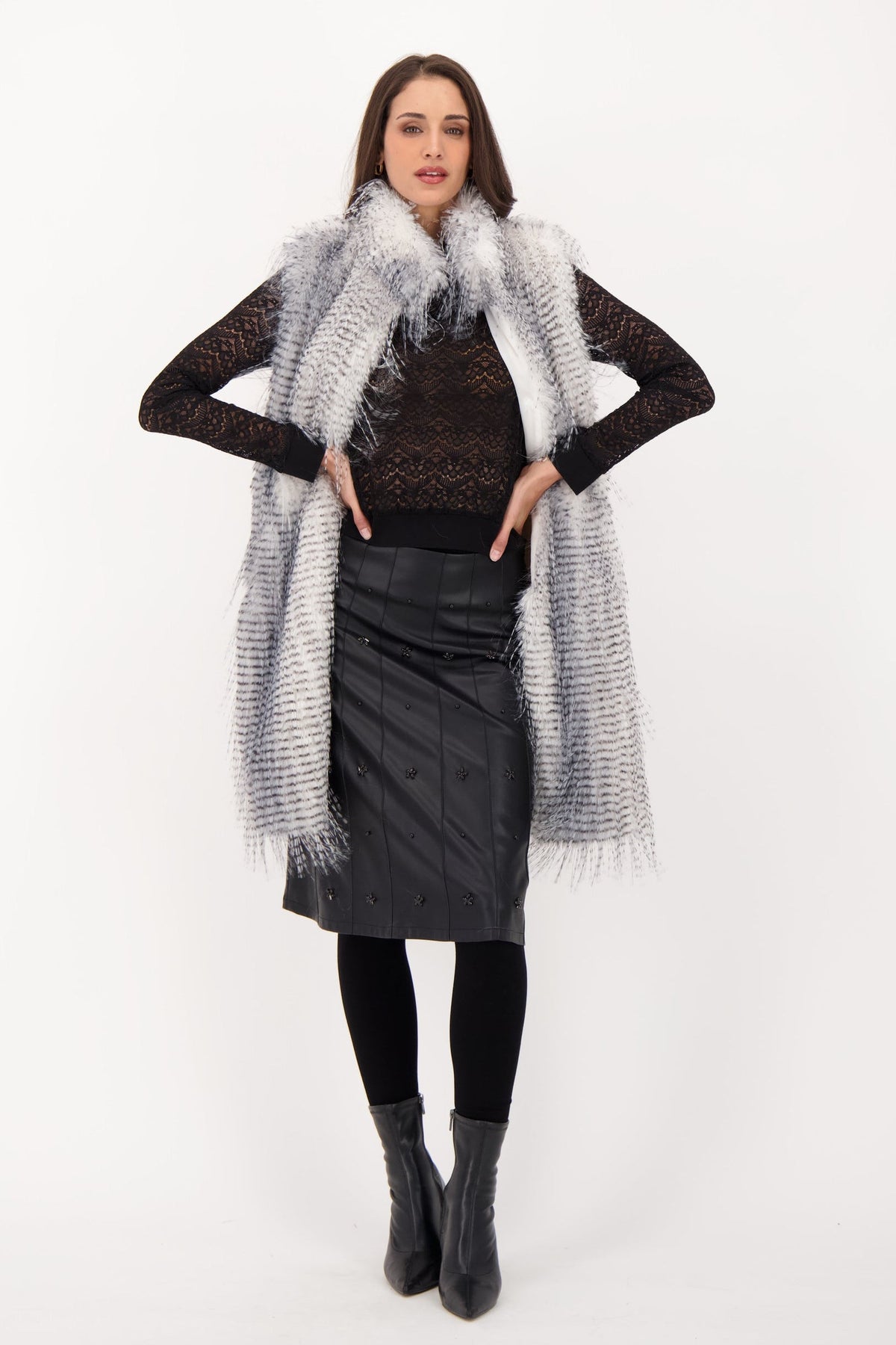 Beaded Pintuck PU Skirt
