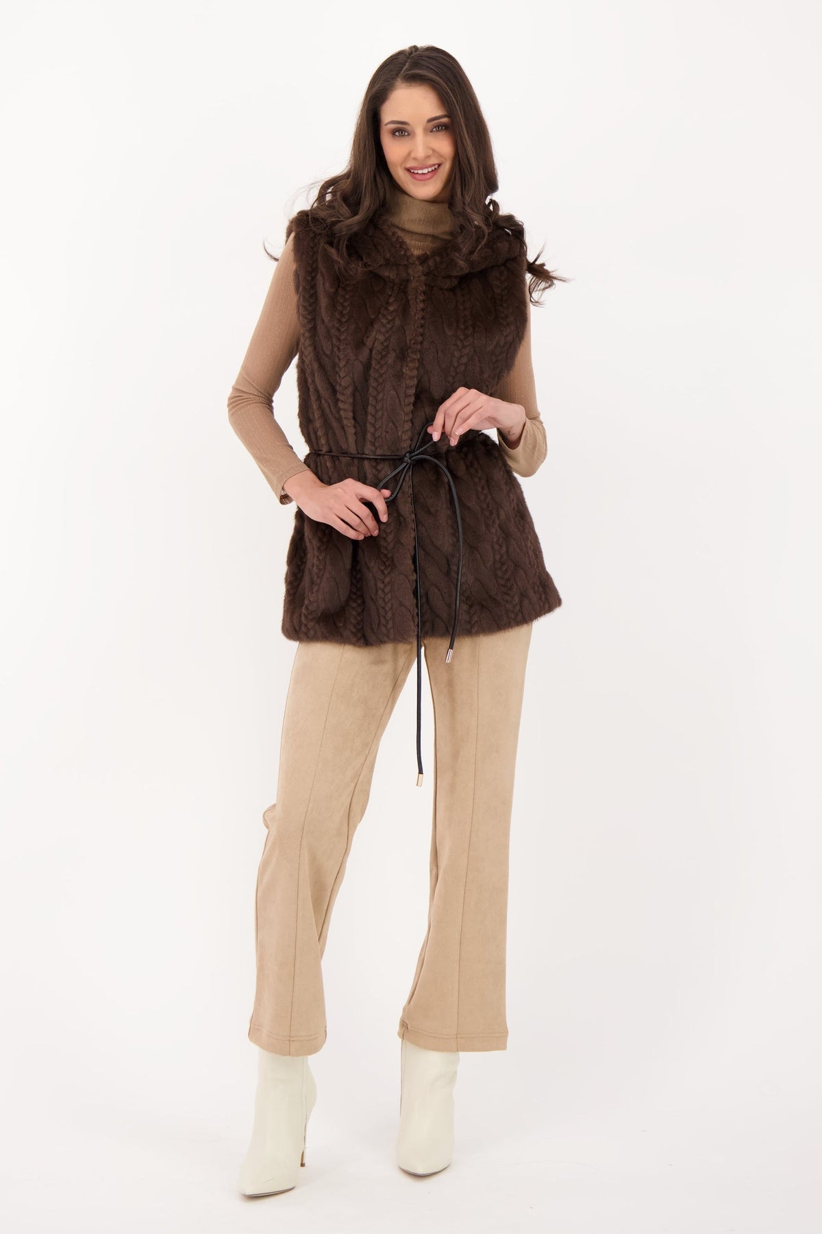 Cable Hooded Vest With Leather Tie