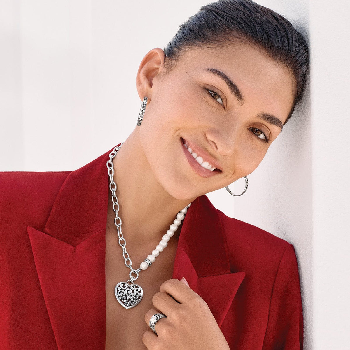 Contempo Heart Pearl Charm Necklace by Brighton