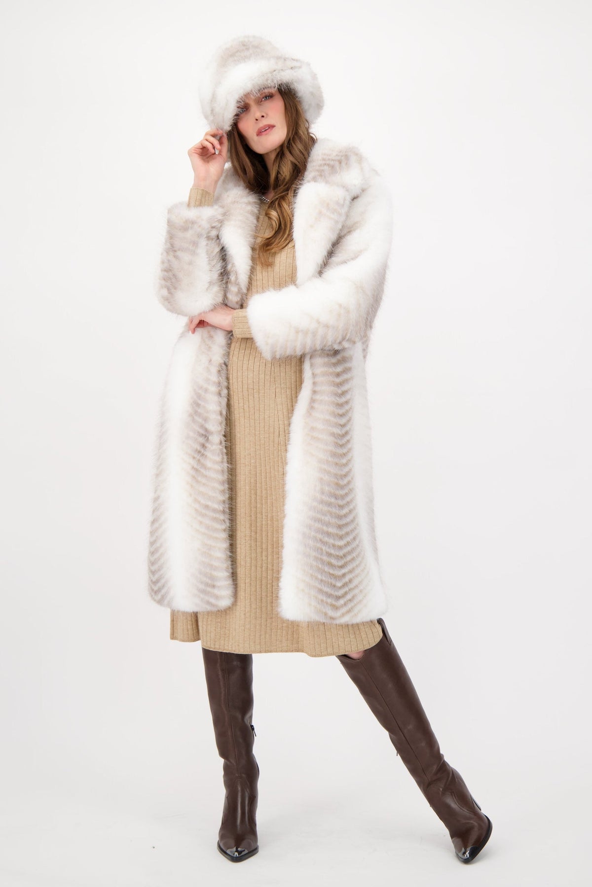 Herringbone Faux Fur Coat