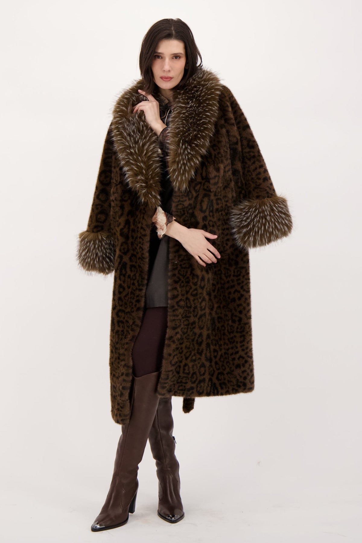 Faux Leopard Belted Coat With Mink Collar And Cuff