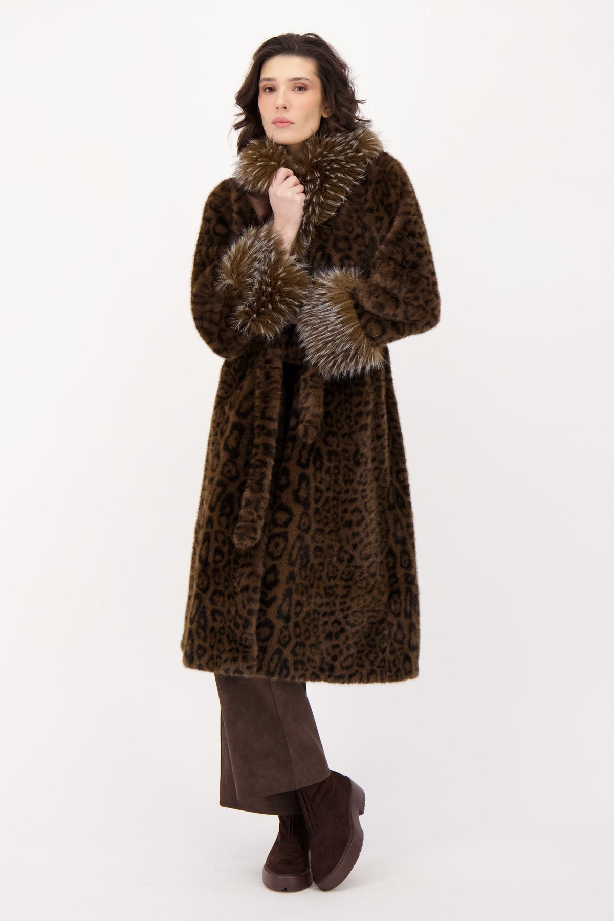 Faux Leopard Belted Coat With Mink Collar And Cuff