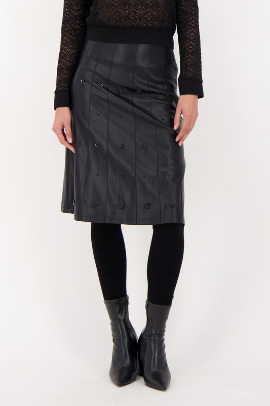 Beaded Pintuck PU Skirt
