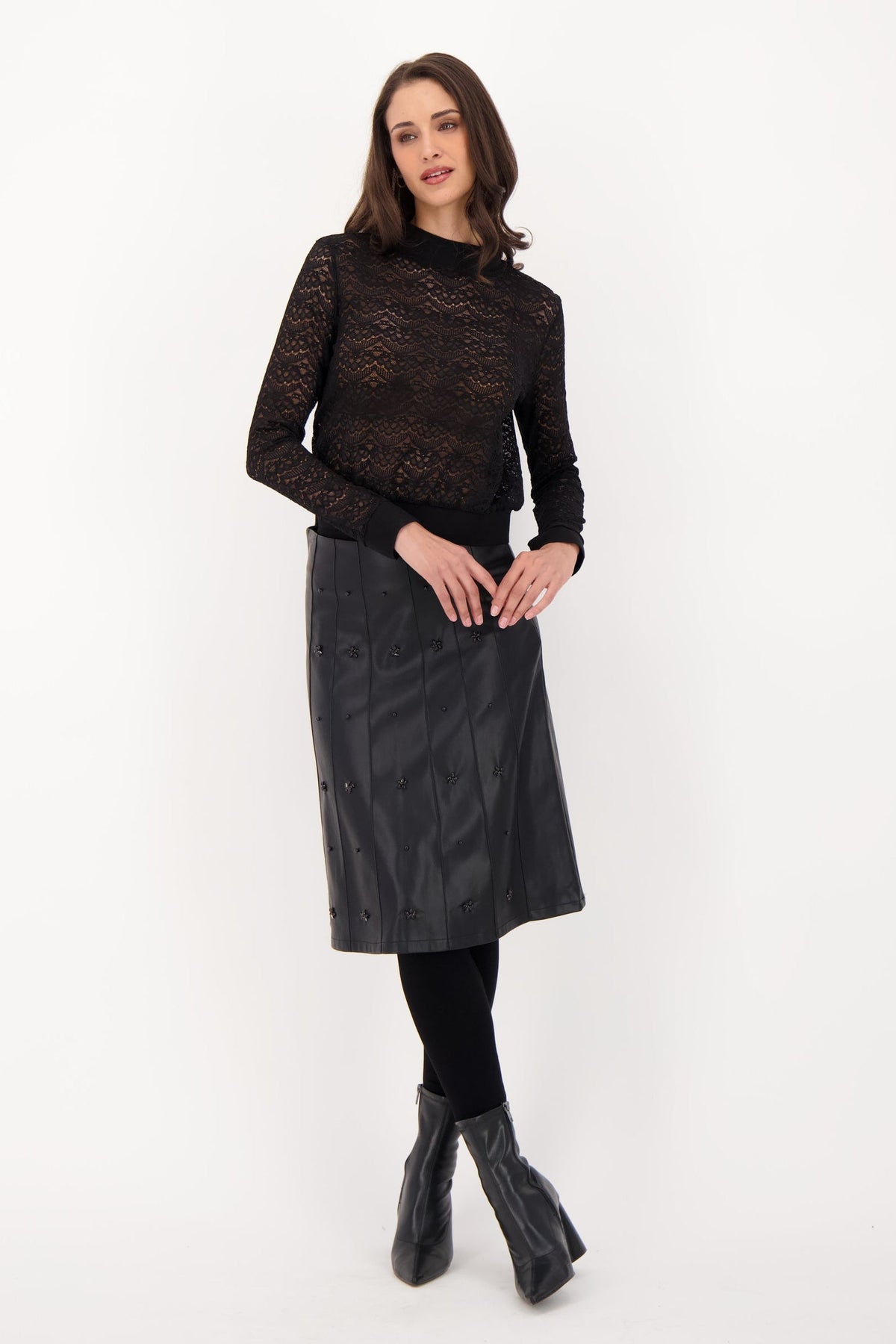 Beaded Pintuck PU Skirt