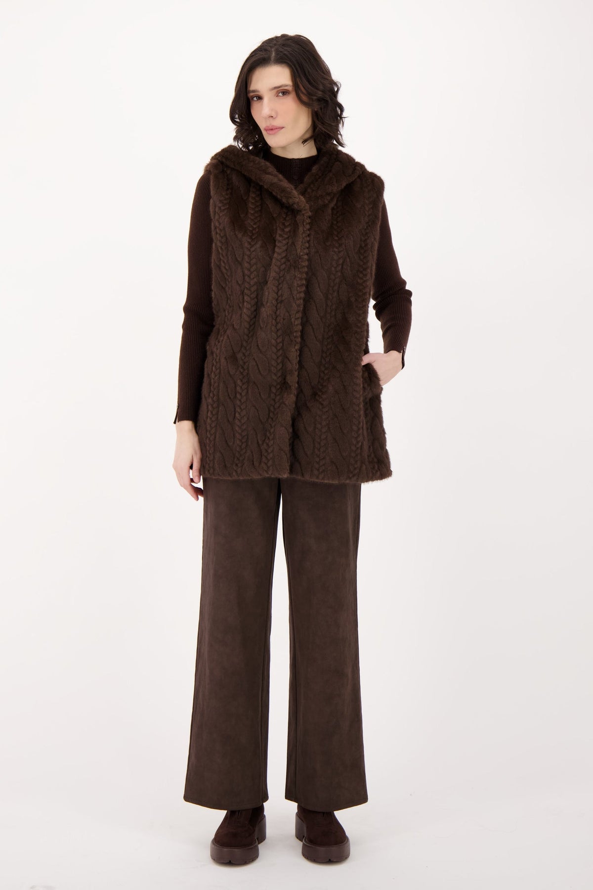 Cable Hooded Vest With Leather Tie