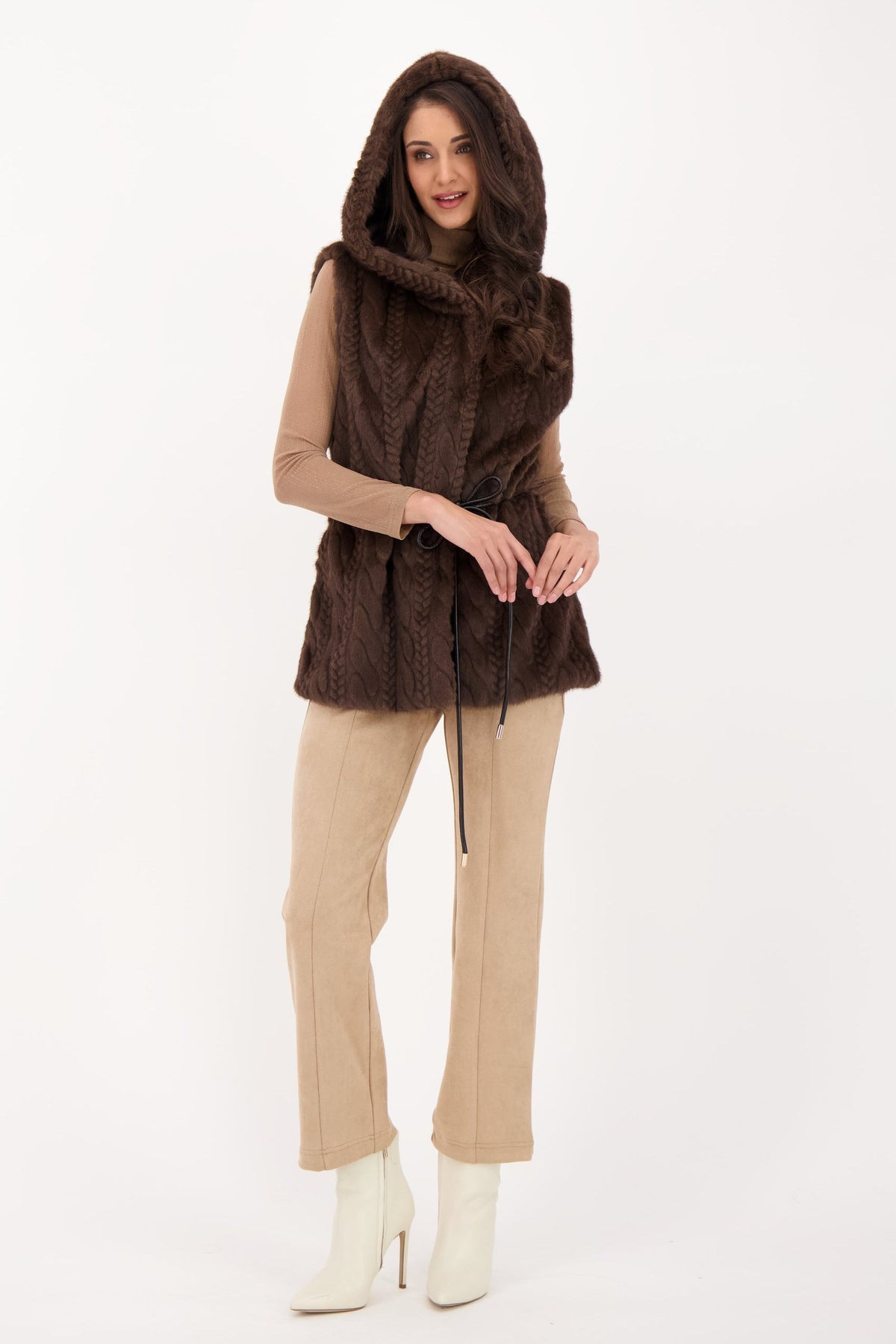 Cable Hooded Vest With Leather Tie