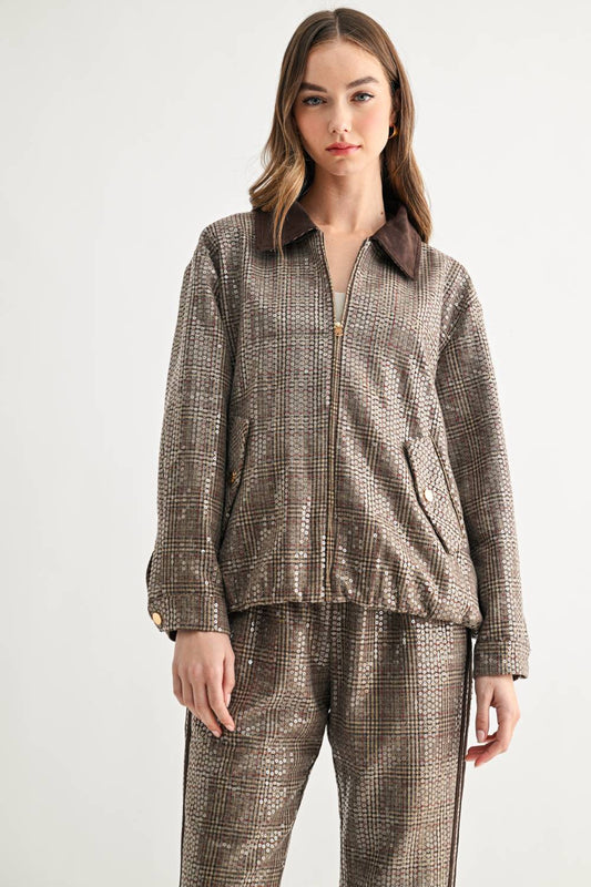 Jezel Sequin Plaid Zip-Up Jacket