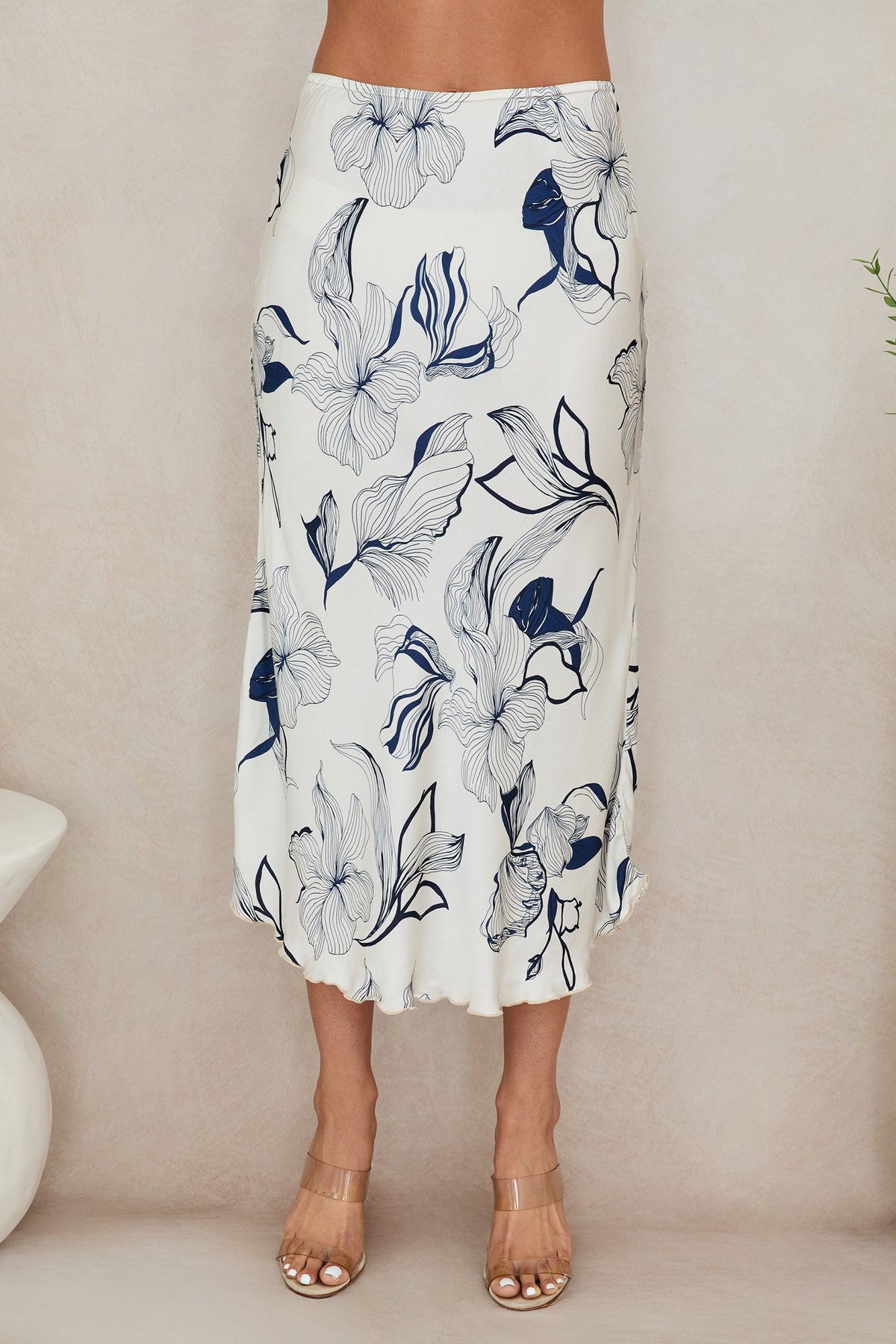 SKETCH FLORAL SILKY MIDI SKIRT