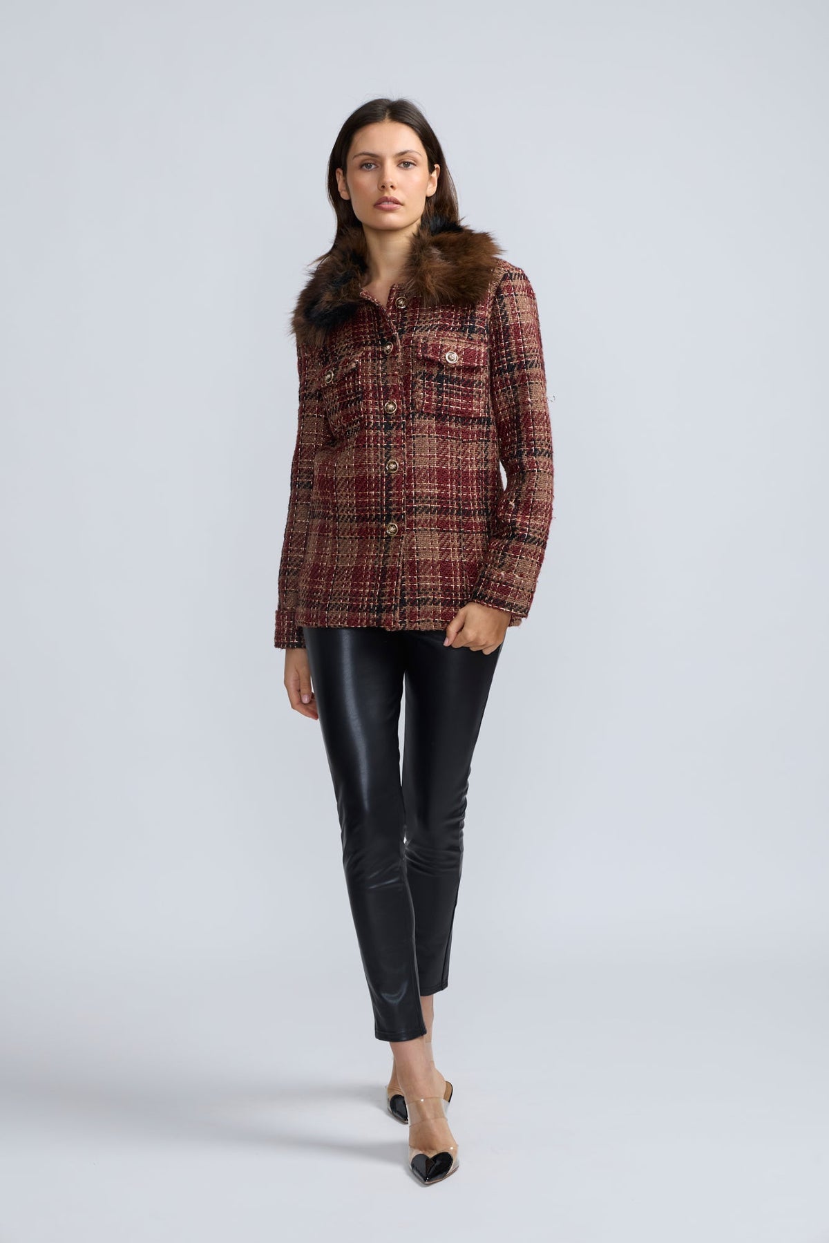 Tweed Faux Fur Combo Long Jacket
