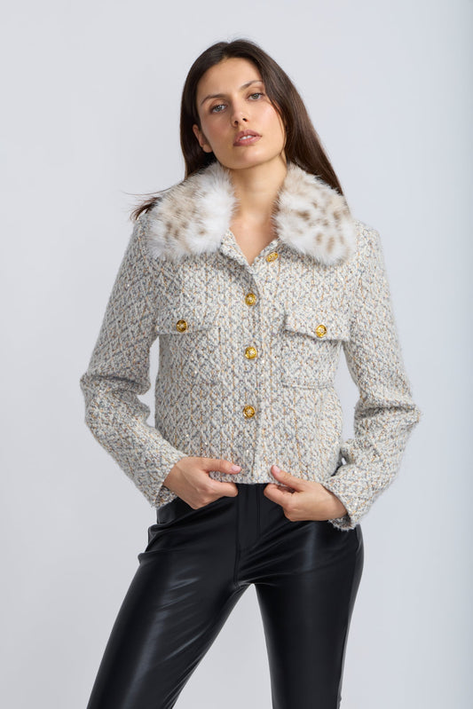 Faux Fur Collar Tweed Short Jacket