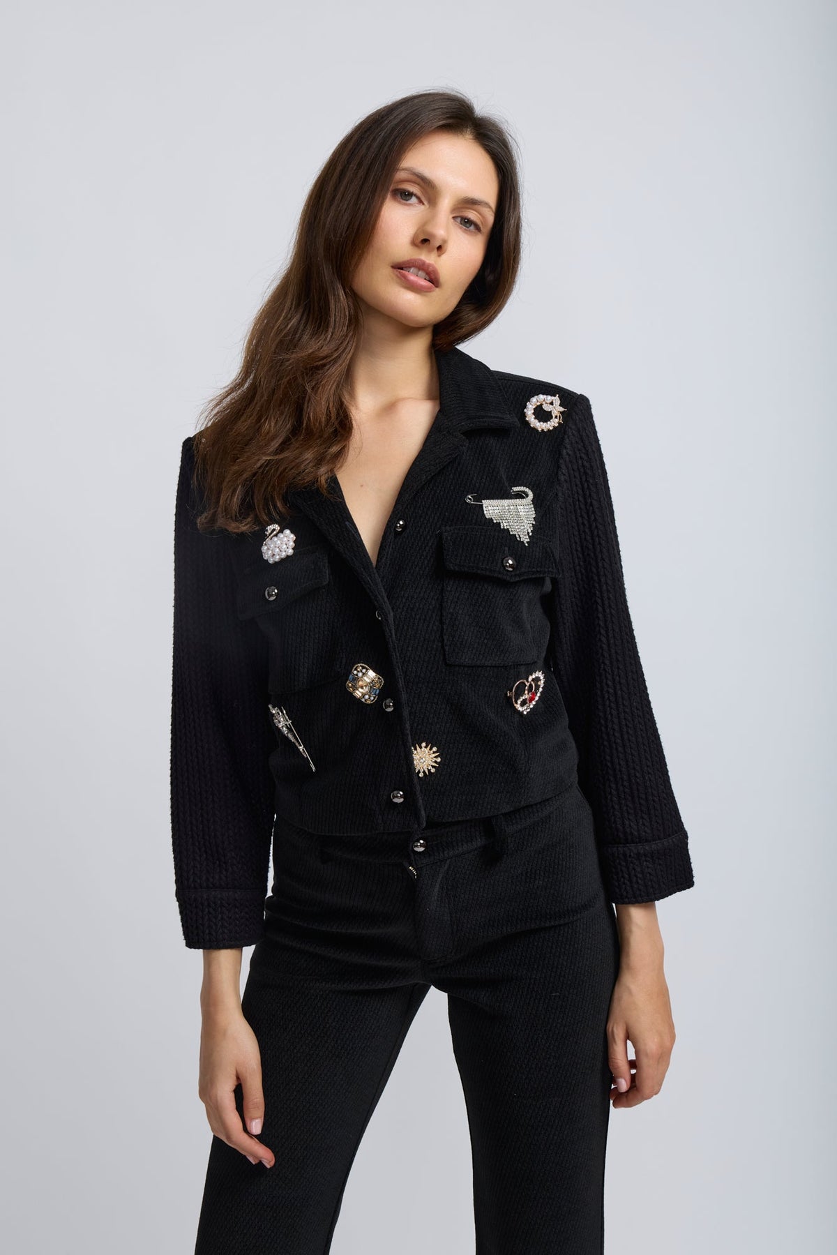 Corduroy/ Brooch Detail Short Jacket