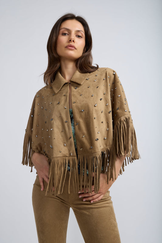 Jewel Detail Faux Suede Fringe Caplet