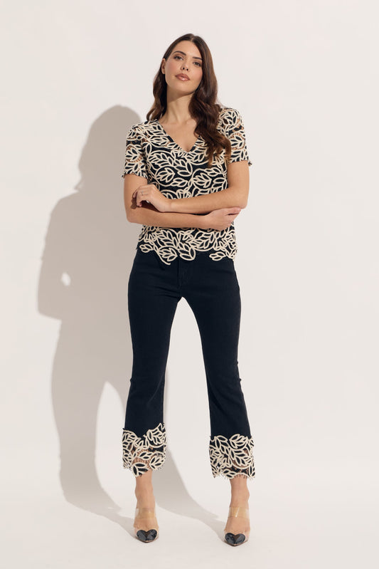 Beige/Black Crochet Trim Cropped Jeans