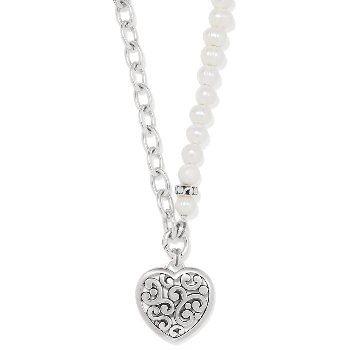 Contempo Heart Pearl Charm Necklace — Silver-Pearl