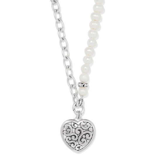 Contempo Heart Pearl Charm Necklace — Silver-Pearl