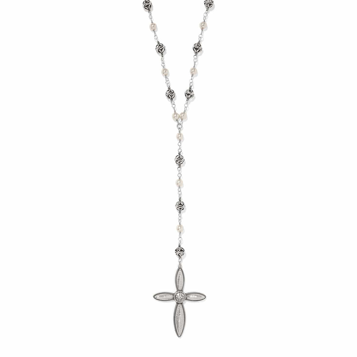 Ferrara Lacrima Rosary Necklace — Silver-Pearl