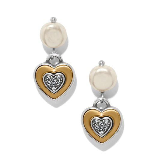 One Heart Pearl Post Drop Earrings — Silver-Gold